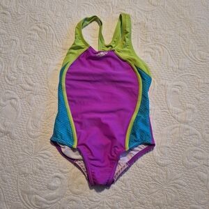 Adidas girls size 8 purple and lime swim suit silicone back side grippers VGUC